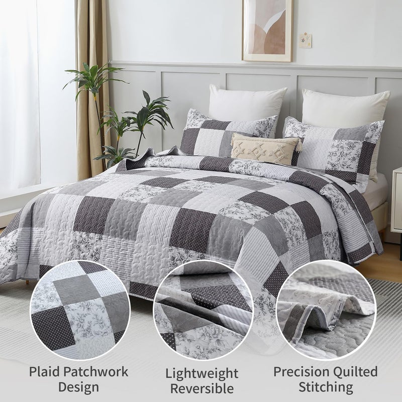 JessyHome King Floral & Plaid Patchwork Quilt Set - Lightweight Reversible Bedspread - Grey & Black White Paisley Floral Quilt - Image 2